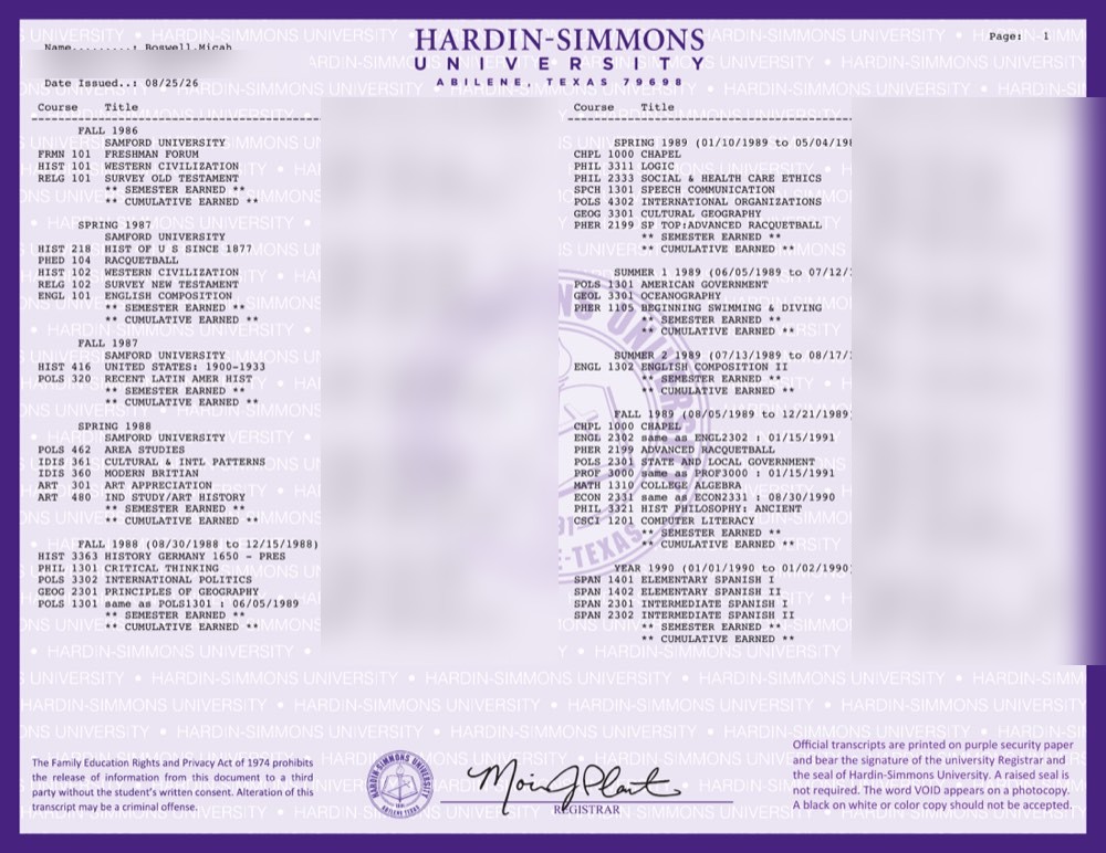 Hardin-Simmons University official transcript, page 1. Coursework 1986 through 1990, grades redacted.