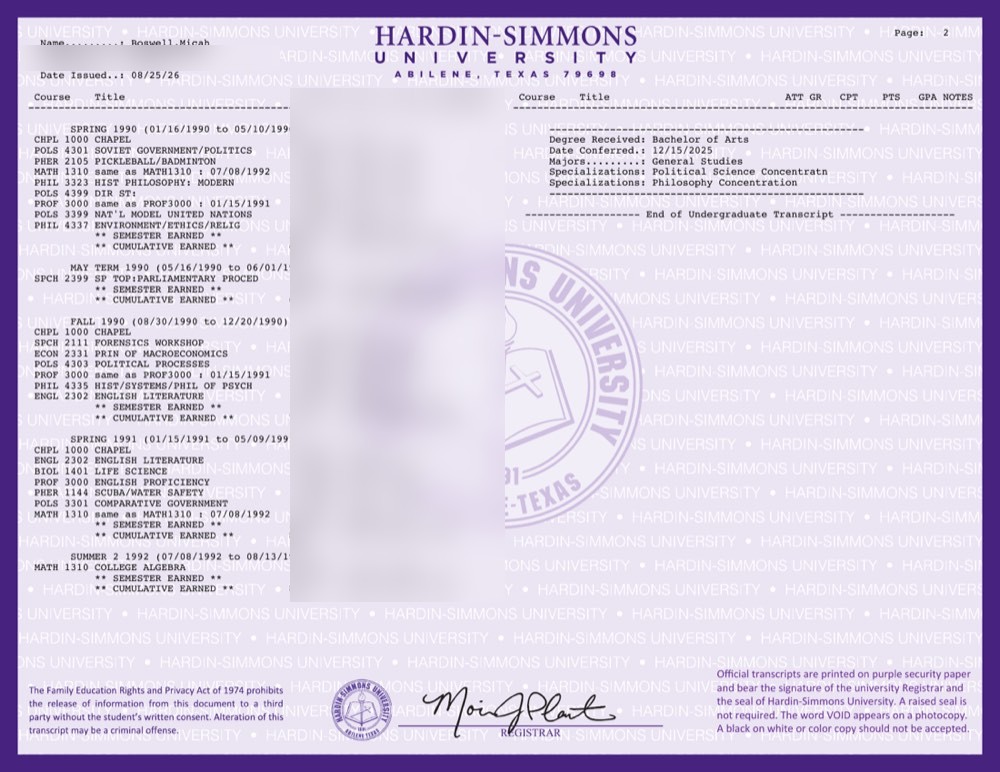 Hardin-Simmons University official transcript, page 2. Coursework through summer 1992 and the degree conferral box, grades redacted.
